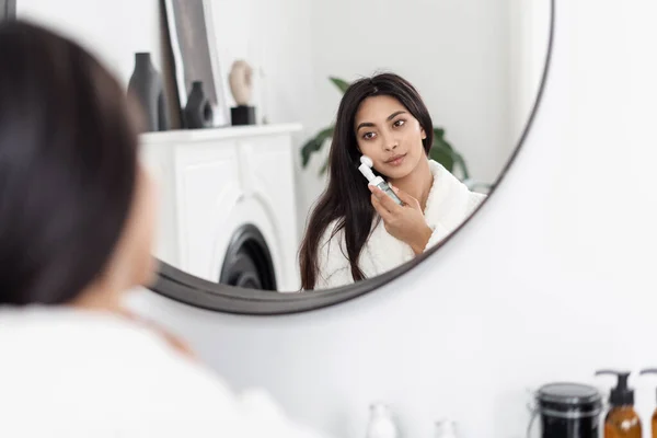 Young Charming Asian Woman White Bathrobe Using Silicone Face Brush — Stock Photo, Image