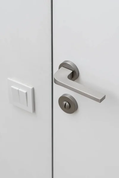 Closeup Minimalistic Steel Doorhandle Matt Light Grey Color Safety Lock — Stock Photo, Image