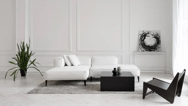 Sofá Moderno Diseño Blanco Las Piernas Con Cojines Alfombra Gris —  Fotos de Stock