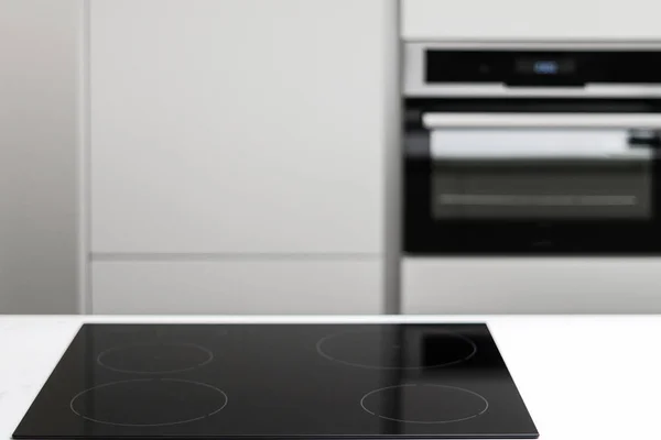 White Countertop Glossy Built Ceramic Black Induction Stove Big White — Φωτογραφία Αρχείου