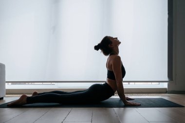 Evde yoga minderi üzerinde egzersiz yapan çekici, zayıf bir kadının silueti içeride çalışmadan önce vücut kaslarını ısıtıyor. Sağlıklı yaşam tarzı, fitness ve spor kavramı