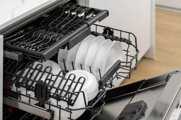 Dishwashing Machine Basket Full Clean Glossy Dishes Spoons Forks Waiting — Stock Photo, Image
