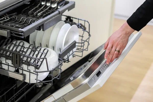 Woman Pressing Button Dishwashing Machines Open Door Selecting Cleaning Mode — Stock Photo, Image