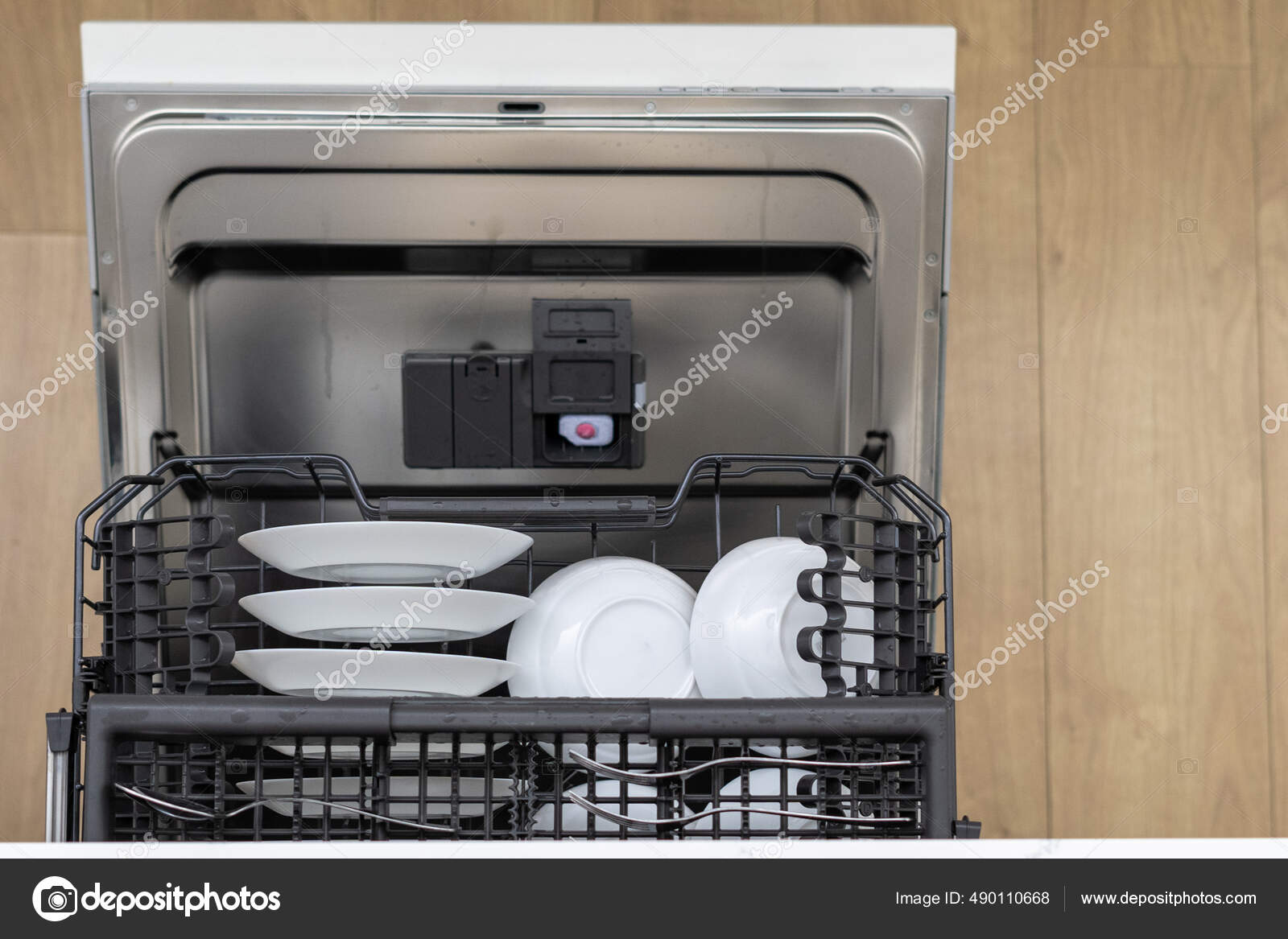 View Open Loaded Dishwasher Basket Full Dishes Bowls Tableware - Main Image