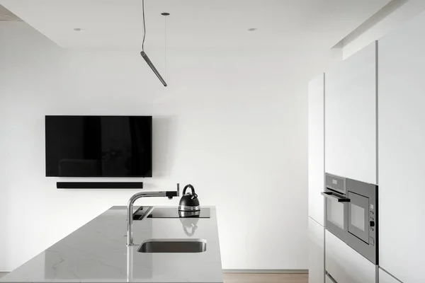 View White Modern Kitchen Black Hanging White Empty Wall Counter — Stock Photo, Image