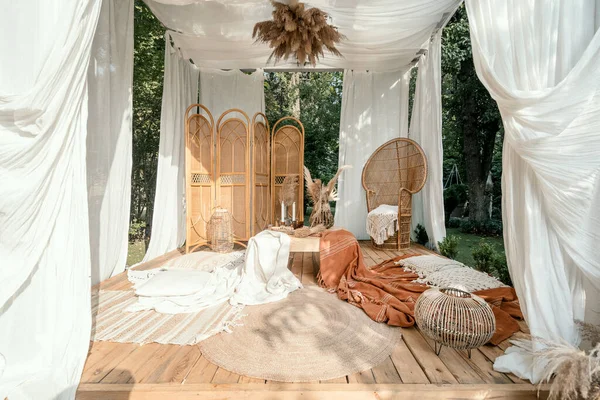 Garden Arbour Rustic Beige Decoration Outdoor Design Wicker Furniture Boho — Stock Photo, Image