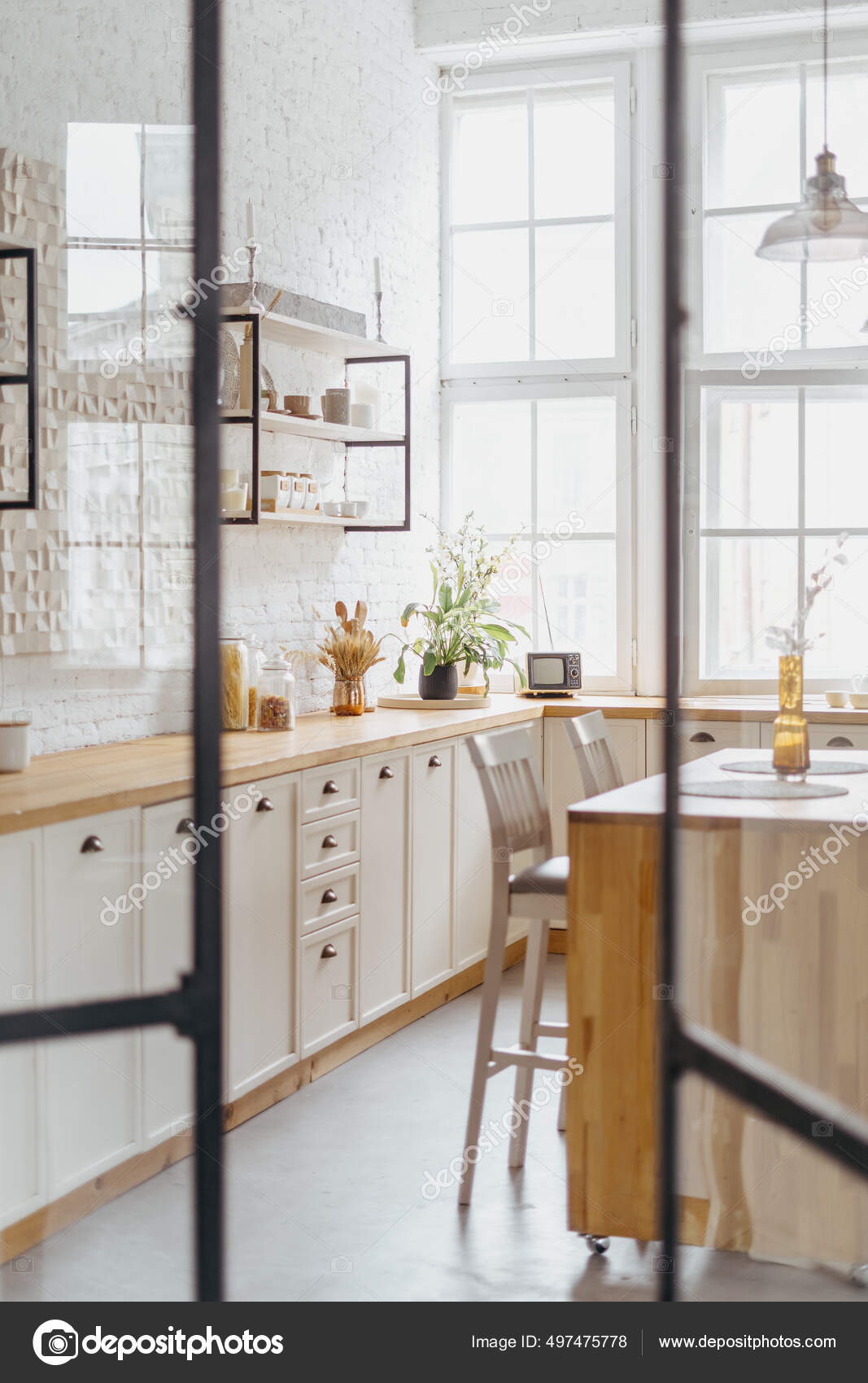 Home Interior Modern Kitchen Design Wooden Furniture Open Door White