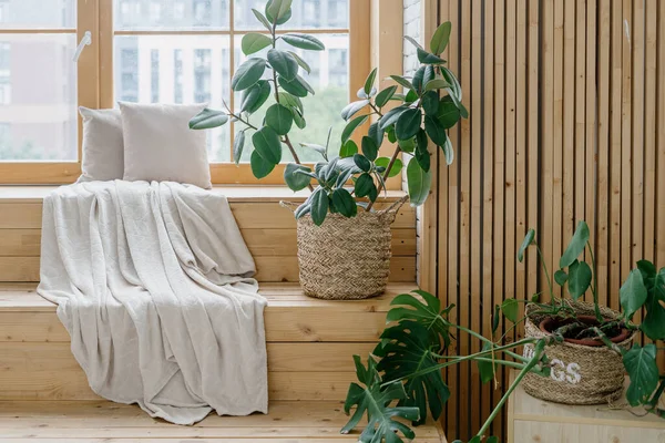 Haus Innenausstattung Mit Holzdekor Raumgestaltung Moderne Dekoration Auf Der Fensterbank — Stockfoto