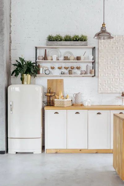 Interior Cozinha Design Casa Branca Com Decoração Moderna Estilo Escandinavo — Fotografia de Stock