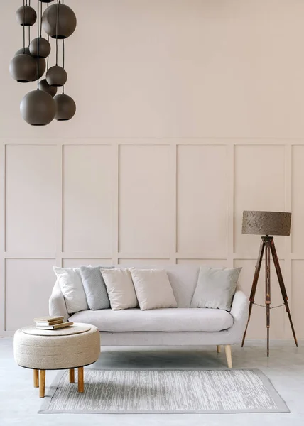 Mysig Heminredning Närbild Vardagsrum Modern Skandinavisk Design Med Soffa Minimalistisk — Stockfoto