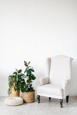 İç dizayndaki boş duvar, koltuğun üstündeki boşluğu kopyala. Mobilyalı beyaz oda, modern minimalist rahat daire. Evin yanındaki basit sandelyede. Wicher sepetinde bitki var..