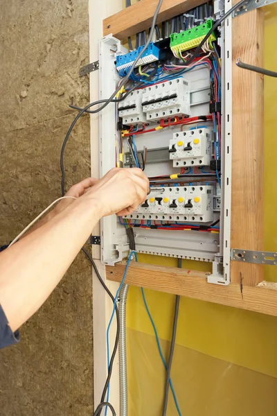 Hand of an electrician with screwdriver at an electrical switchgear cabinet — Stock Photo, Image