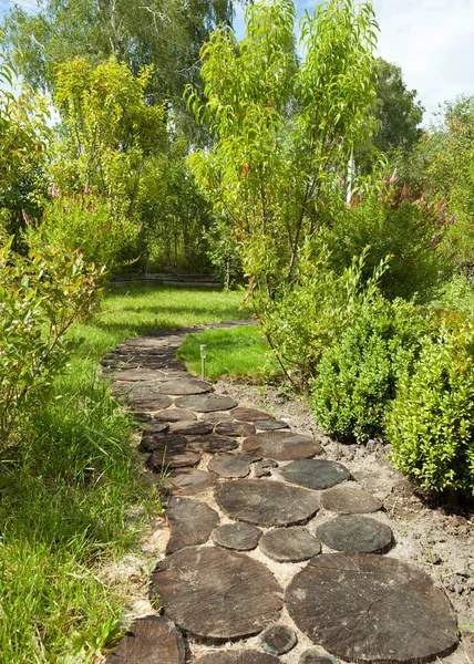 Walk path in garden decorated with wooden stumps — Stock Photo, Image