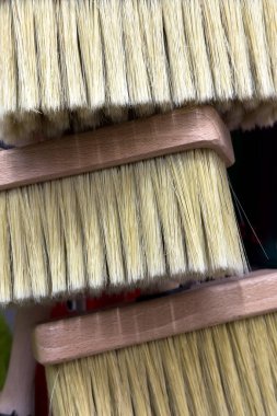 Bir ev yenileme projesi için dizilmiş fırçalar, boyama duvarları için çeşitli boyutlarda ve dokularda sergileniyor. Araçlar canlı renk uygulaması için hazırlandı.