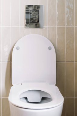 Beyaz klozetin kapağını metal su sifonu düğmesiyle döşenmiş duvarlara karşı aç. Çağdaş dairelerdeki minimalist tasarım banyo veya tuvalet kavramları.