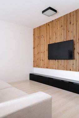 Şık bir oturma odası tasarımında tahta bir duvara monte edilmiş düz ekran bir televizyon bulunur. Minimalist mobilyalar bu çağdaş apartman içinde rahat bir atmosfer yaratıyor..
