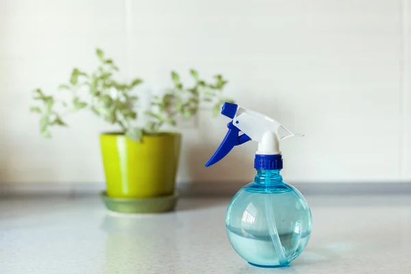 Primer plano de botella de aerosol redondo azul y flor verde en el fondo — Foto de Stock