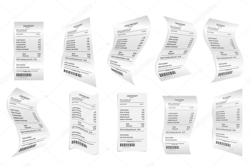 Vector realistic 3d paper store sales receipts printed close up isolated on white background. Banknote design template, receipt, paper financial check for mockup. View from above