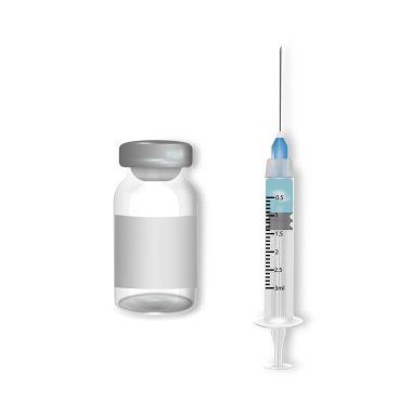 3 boyutlu gerçekçi şişe ve şırıngalı vektör pankartı. COVID-19 koronavirüs aşısı. Yakın plan beyaz arka planda izole edildi. Uyuşturucu ampul tasarım şablonu, kırpma, modelleme.