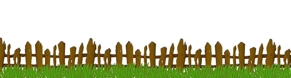 白色背景上的绿草和棕色的旧篱笆 — 图库矢量图片