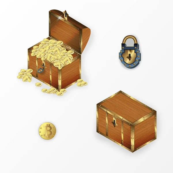 Παλιά Καρτούν Ξύλινο Μπαούλο Χρυσά Νομίσματα Για Διεπαφή Παιχνίδια — Διανυσματικό Αρχείο