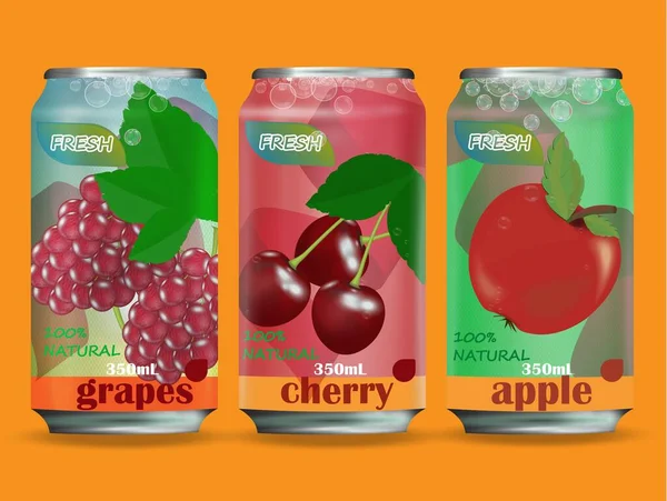 リンゴ ブドウ チェリージュースのアルミ缶 フルーツドリンク広告ベクトルデザイン — ストックベクタ