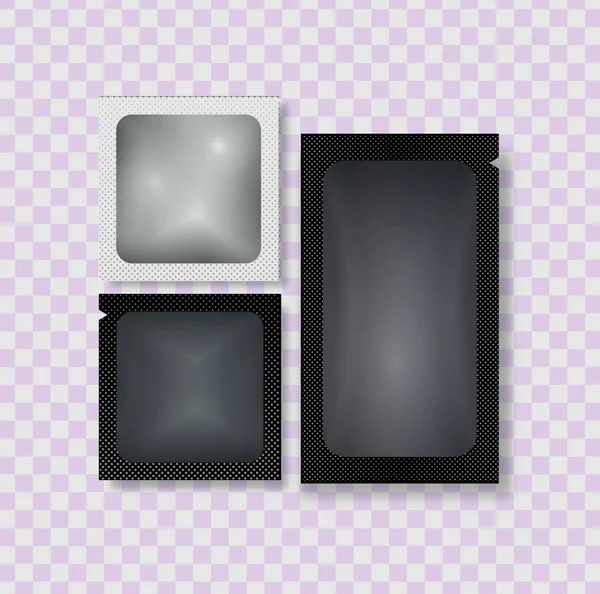 Yukarıdan gelen vektör 3d paketleme kesesi ağ arka planında izole edildi. Prezervatif, kahve, çay, tuz, şeker, baharatlar, ıslak mendil, keseler. Model için paketleme şablonu