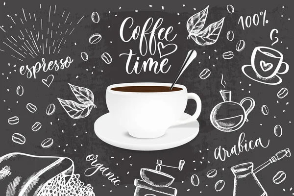 Vektor Schwarzer Hintergrund Mit Doodle Skizze Illustration Von Kaffeebohnen Getränkedetails — Stockvektor