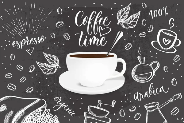 Fundo Preto Vetorial Com Desenho Rabiscos Ilustração Grãos Café Detalhes — Vetor de Stock