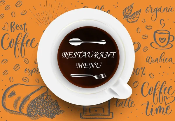 Меню Ресторана Дизайн Кафе Оранжевом Цвете Фарфоровой Чашкой Вилкой Силуэтом — стоковый вектор