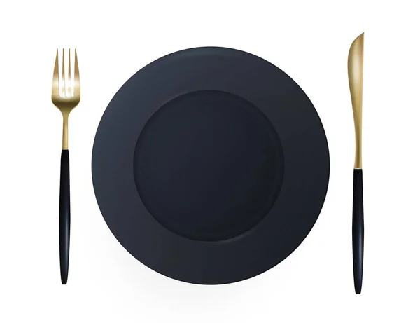 Μαύρο Πιάτο Μαχαίρι Και Πιρούνι Χρυσή Απόχρωση Απομονωμένο Λευκό Φόντο — Διανυσματικό Αρχείο