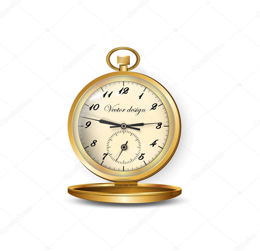 Pocket watch reflective gold-rimmed with lid. For design projects, banners and printed products.