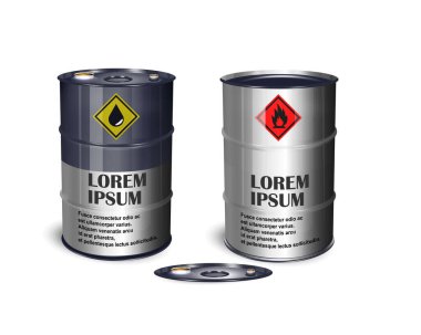 200 litrelik parlak metal varil. Sıvı kimyasal ürünler için konteyner - yağ, yakıt, benzin. Örnek tasarımı ile fotorealistik 3d paketleme şablonu.