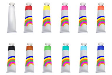 Kutudaki boya tüpleri. Gerçekçi 3 boyutlu vektör. Tasarım için model.