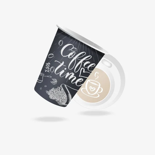 Черный Бумажный Кофе Чашки Элементами Дизайна Кофе Белом Фоне Трехмерная — стоковый вектор