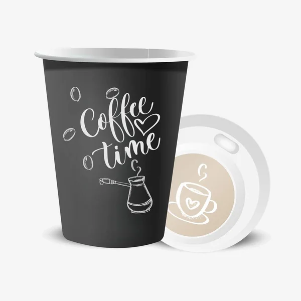 Бумажная Чашка Кофе Крышкой Черный Элементами Дизайна Кофе Белом Фоне — стоковый вектор