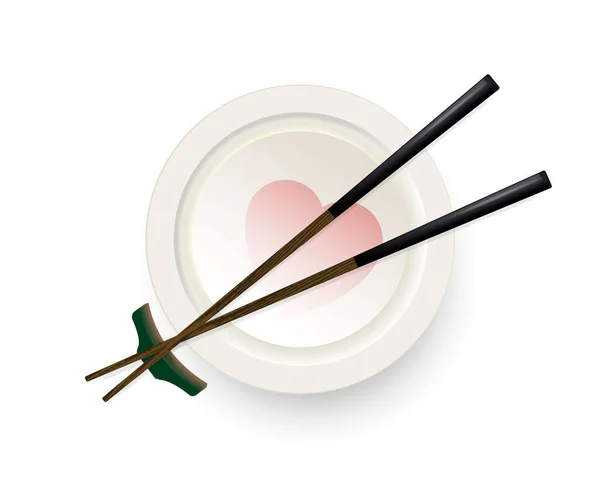 筷子放在有心脏的盘子的背景上 — 图库矢量图片