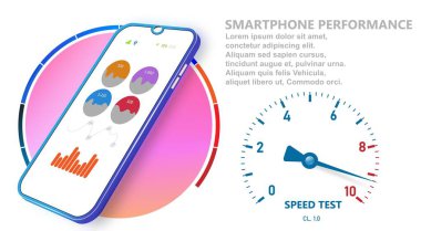 Akıllı telefon performansı. Analitik Ui ve Ux tasarımı. Cep telefonu paneli. Ok göstergeli aktif akıllı telefon ekranı. Vektör illüstrasyonu.
