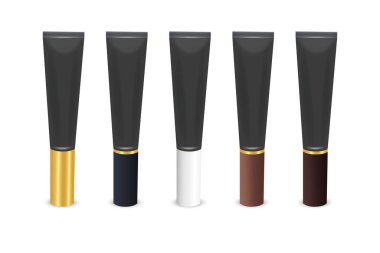 Vektör 3 boyutlu gerçekçi plastik, metalik siyah dudak kremi, göz kremi, krem tüp, beyaz arka planda izole edilmiş ambalaj seti. Model için diş macunu, kozmetik, krem, diş macunu tasarım şablonu.