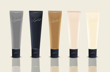 Vektör 3d Gerçekçi Plastik, Crem, Gümüş, Bronz Diş macunu, Metal Metalik, Dudak parlatıcısı, Merhem, Krem Tüpü, Paketleme Seti izole edildi. Tasarım Şablonu, Kozmetik, Diş macunu, Krem, Mockup. Ön Görünüm