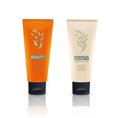 Vektör 3 boyutlu gerçekçi iki tüp, krem, beyaz arka planda siyah kapaklı turuncu tüp ambalaj. Kozmetik tasarım şablonu, diş macunu, krem modeli. Önplan.