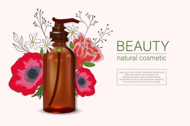 Kehribar cam sabun makinesi. Cam, sıvı ve pompanın renkleri düzenlenebilir. Haşhaş çiçeklerinin arka planında bir resim. Fotorealistik paketleme modelleme şablonu.