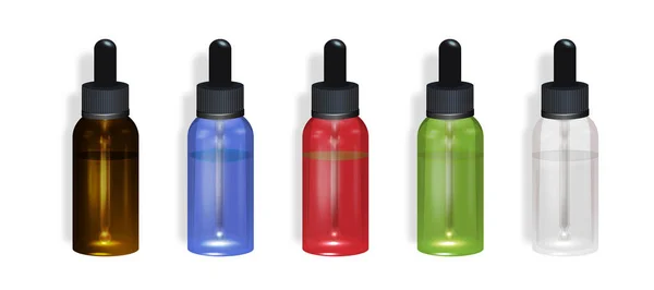 Damlalık Şişe Beyaz üzerine Renkli. Şişe maketi. Kozmetik şişe, matara, matara. Tıp bankası. Kozmetik şişesi ve kakao meyvesi arka planı. .