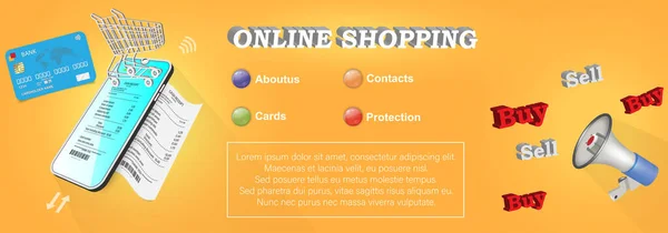 Compras Línea Concepto Diseño Banner Web Horizontal Pagos Línea Por — Vector de stock