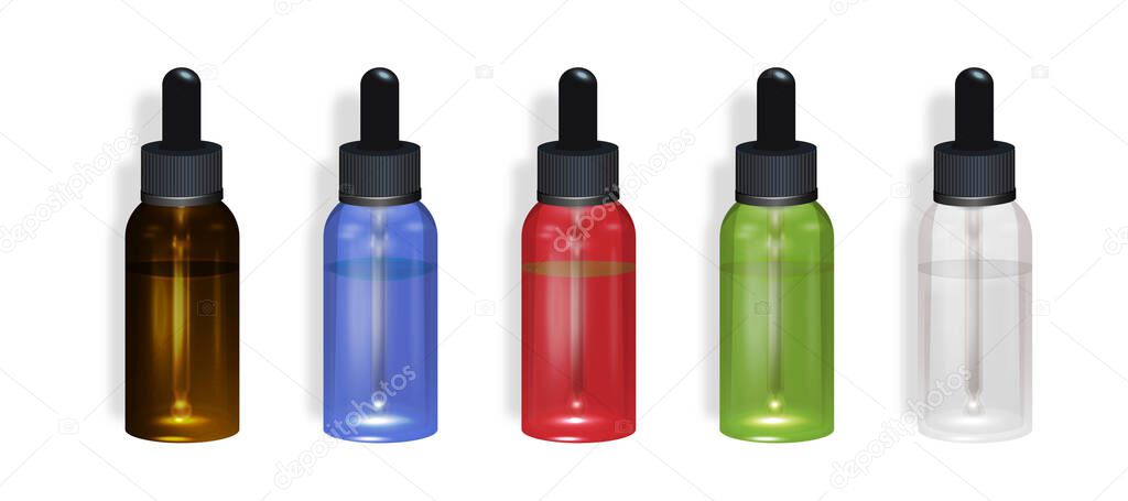 Dropper Bottle Set Colorful on a White. Mock up bottle. Cosmetic vial, flask, flacon. Medical bank. Cosmetic dropper-bottle with cocoa fruit background .