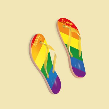Gradyan örgülü terlikler, LGBT, vektör illüstrasyonu. Plaj renklerinin kumlu tonlarında bir kompozisyon. Bir turizm beldesinin tasarımı ve dekorasyonu