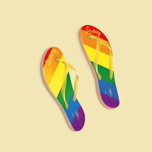 Chinelos com malha gradiente, LGBT, ilustração vetorial. Composição em um fundo de cores de praia em tons arenosos. Projeto e decoração de um destino turístico — Vetor de Stock