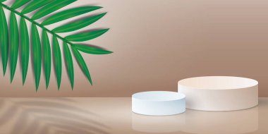 Ürün sunumu, markalaşma ve paketleme için kozmetik arka plan. Podyumda geometrik şekilli yuvarlak pervazlar ve tropikal yaprakların arkasında gölgeler. vektör tasarımı.
