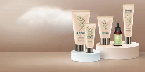Reklama produktów do pielęgnacji skóry na okrągłej scenie podium z dwóch pedystalnych i cieni z chmurami w ilustracji 3d. — Wektor stockowy