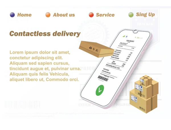 Penyerahan rumah yang aman selama epidemi coronavirus covid-19: ponsel pintar dengan penerimaan pembayaran di latar belakang barang dalam paket kardus. Ilustrasi dari situs web - Stok Vektor